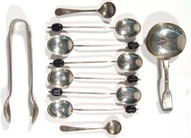 Appraisal: Set of six silver coffeebean spoons a Georgian silver caddy