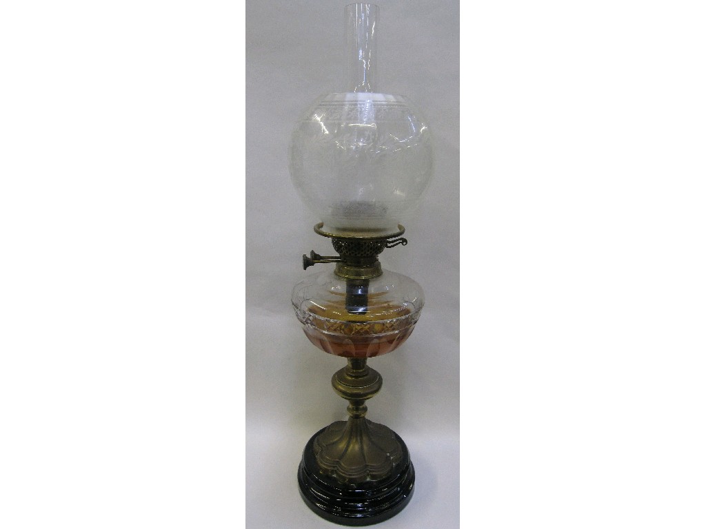 Appraisal: Victorian brass oil lamp with cut glass reservoir and etched