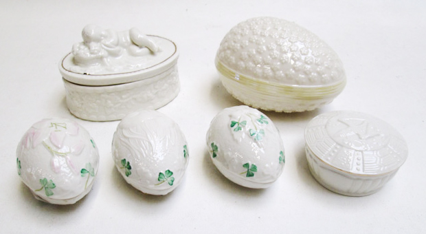 Appraisal: FOUR BELLEEK EASTER EGGS AND TWO COVERED BOXES all of