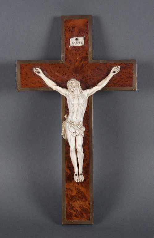 Appraisal: Continental carved ivory figure of crucified Christ on brass-mounted burl