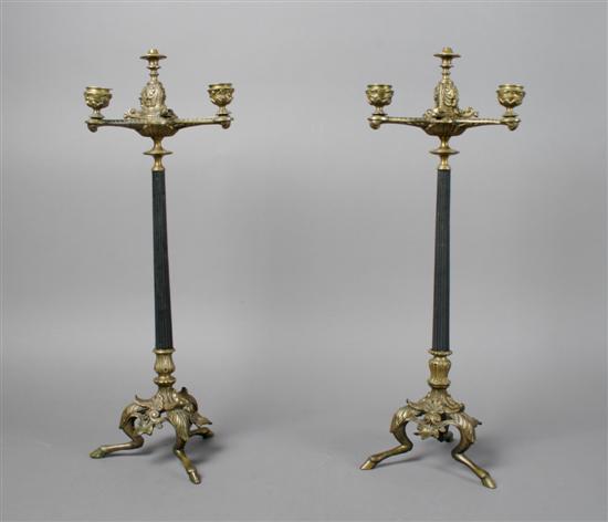 Appraisal: A Pair of Neoclassical Gilt and Patinated Three-Light Candelabra Height