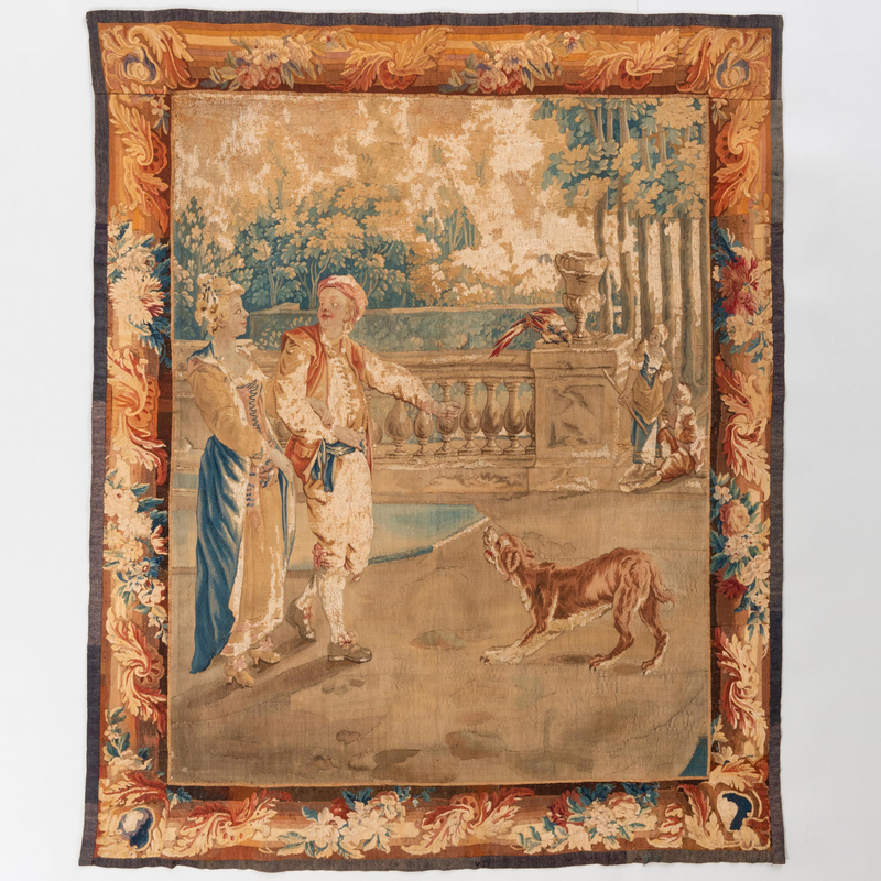 Appraisal: Aubusson Pastoral and Figural Tapestry Fragment Approximately ft in x