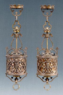 Appraisal: Pair brass and mica hanging fixtures cylindrical shades mica with