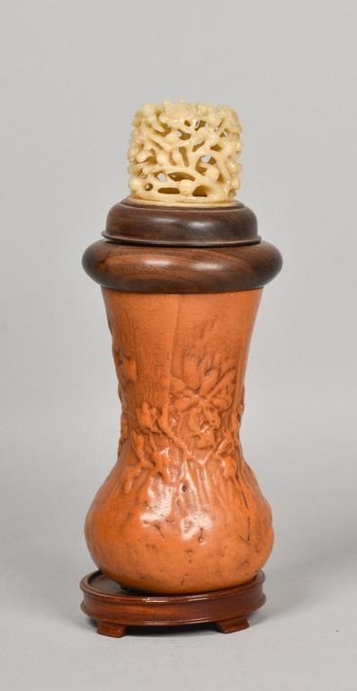 Appraisal: Chinese carved gourd cricket cage with carved jade top On