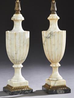 Appraisal: Pair of Carved Urn Form Alabaster Lamps th c with