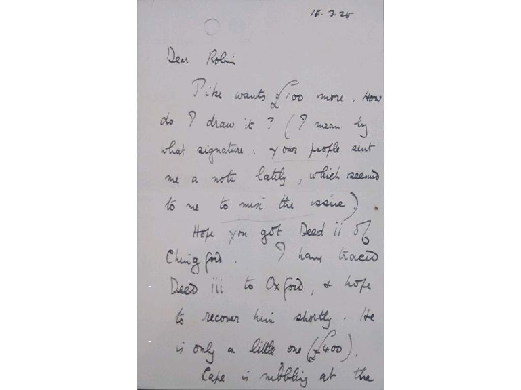 Appraisal: T E LAWRENCE A LETTER dated Dear Robin Bike wants