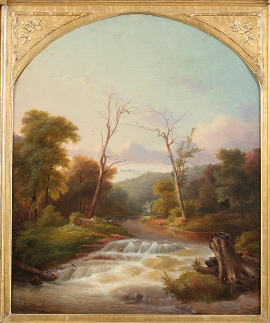 Appraisal: AMERICAN SCHOOL th th century LANDSCAPE WITH WINDING STREAM oil