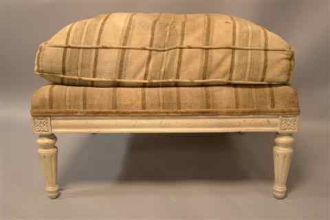 Appraisal: LOUIS XVI STYLE PAINTED WOOD OTTOMAN WITH STRIPED TAN UPHOLSTERY