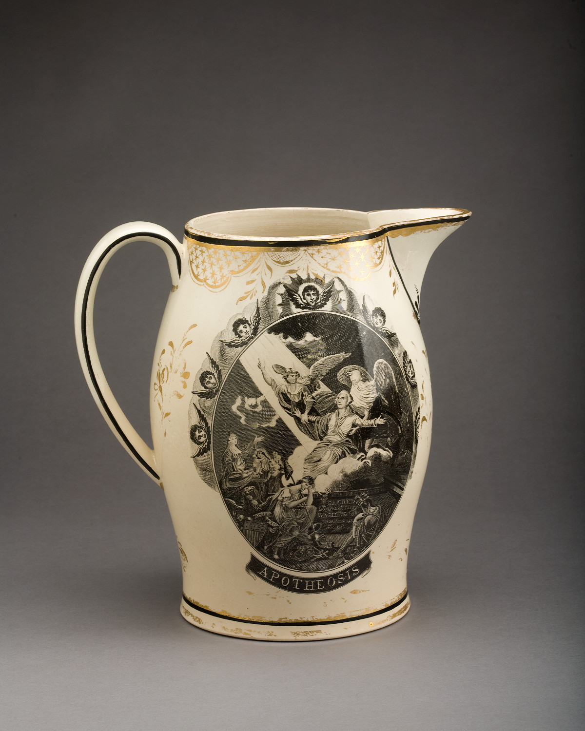 Appraisal: ENGLISH CREAMWARE ENAMEL-DECORATED AND BLACK TRANSFER-PRINTED JUG PROBABLY HERCULANEUM POTTERY