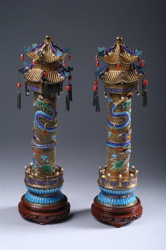 Appraisal: PAIR CHINESE ENAMELLED VERMEIL TOWERS circa Dragon decoration - in