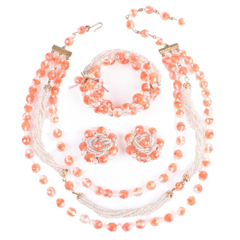 Appraisal: UNSIGNED VENDOME ORANGE CLEAR BEAD NECKLACE BRACELET AND EARRING SET