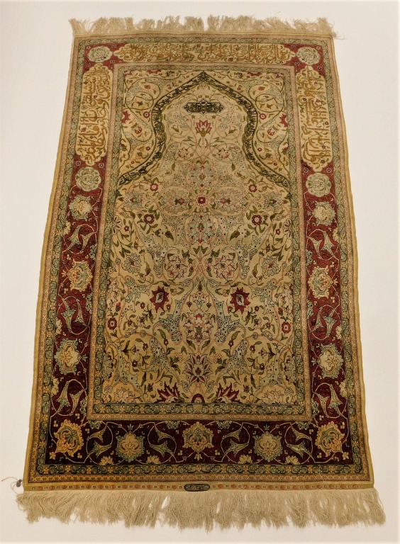 Appraisal: FINE TURKISH ORIENTAL HEREKE SILK PRAYER RUG Turkey th CenturyCream