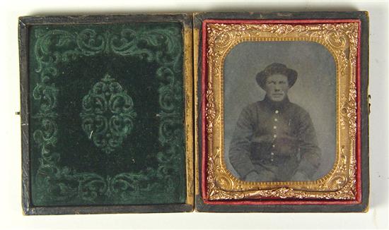 Appraisal: th Tintype of Soldier in Leatherette Case Nice image of