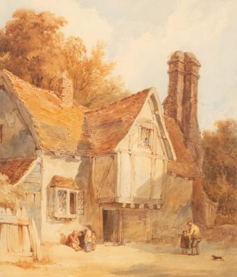 Appraisal: English School th Century Half-timbered house with figures outside initialled