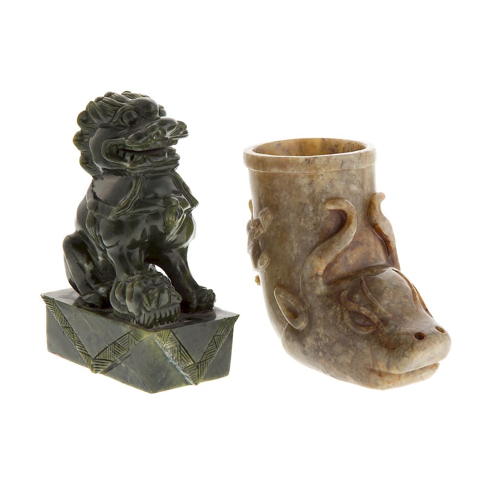 Appraisal: Chinese Carved Jade Dragon And Libation Cup spinach jade dragon