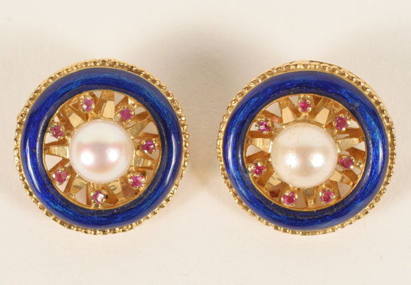 Appraisal: Lady's K gold earrings with enamel pearl and rubies Each