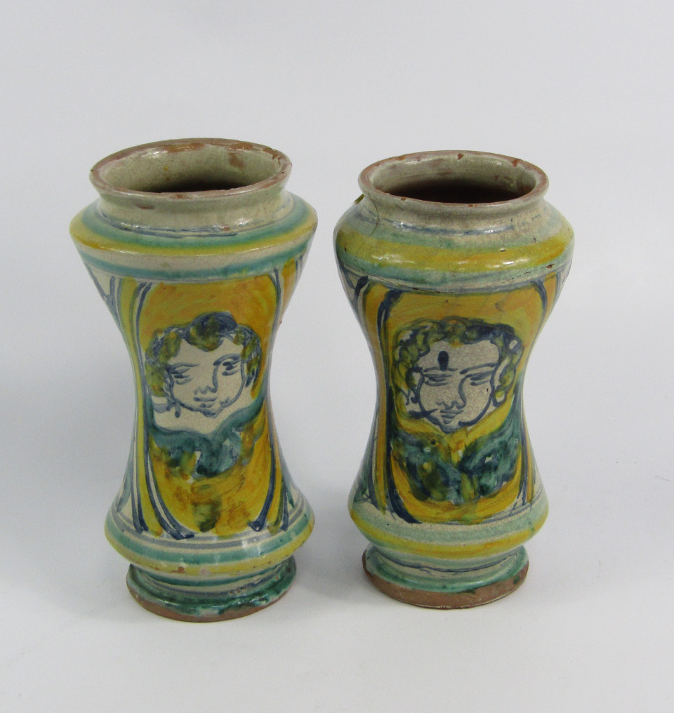 Appraisal: A pair of thC Italian pottery albarello of waisted form