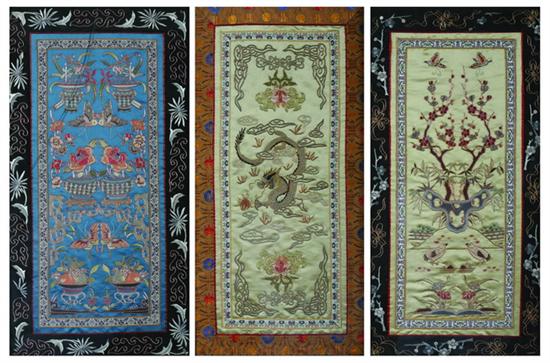 Appraisal: THREE CHINESE EMBROIDERED SILK PANELS Worked to depict butterflies and