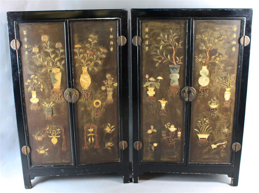 Appraisal: PAIR OF CHINESE WOOD CABINETS WITH HARDSTONE INLAID DOORS Each