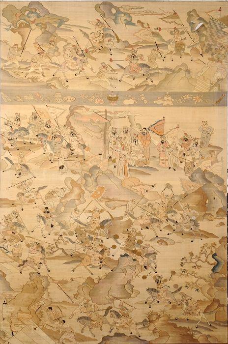 Appraisal: Chinese Silk Kesi Panel Depicting Warriors x in