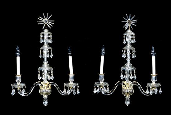 Appraisal: Pair crystal two-light sconces last half th century tiered stem