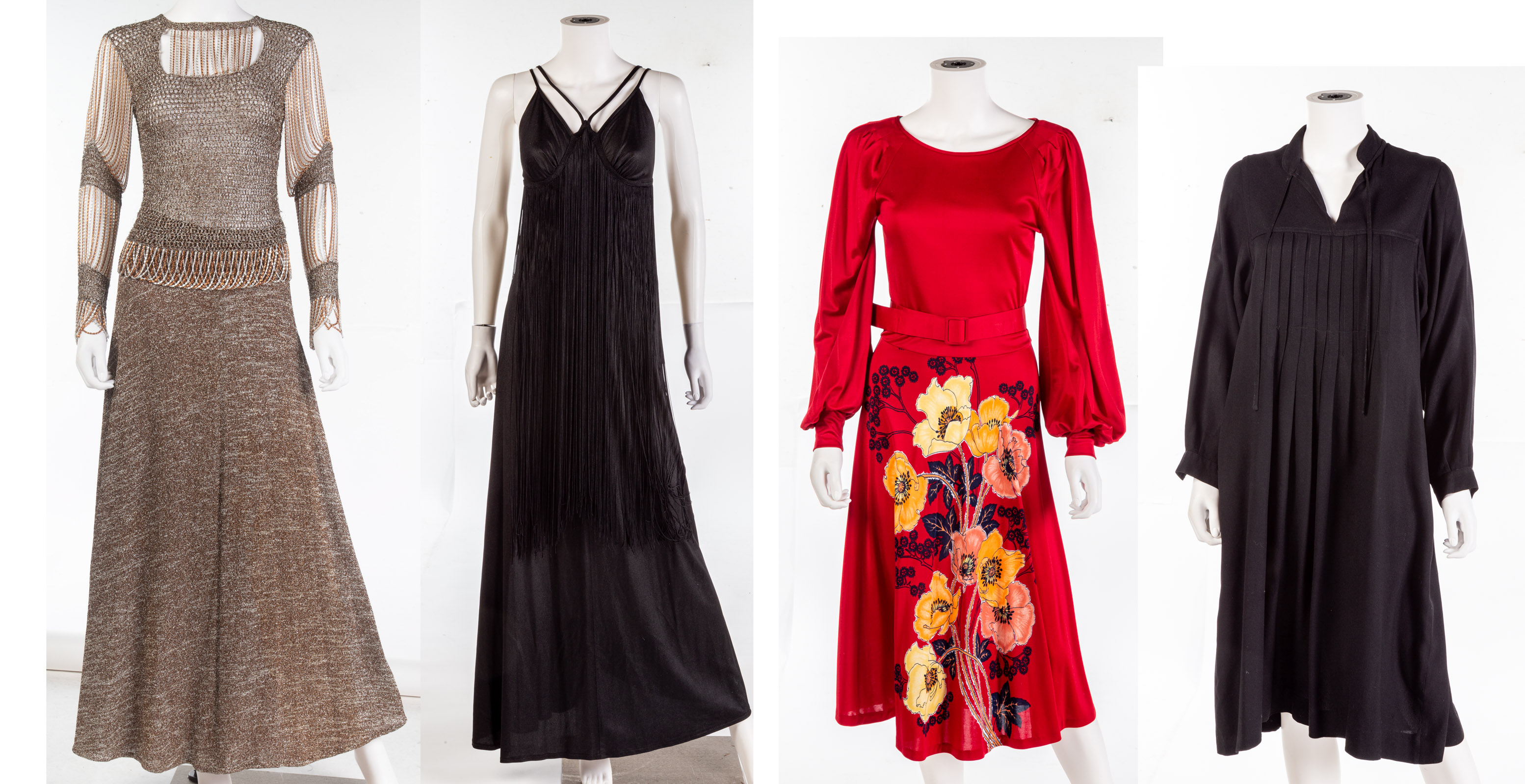 Appraisal: FOUR VINTAGE ENSEMBLES including Loris Azzaro metallic crocheted and chain