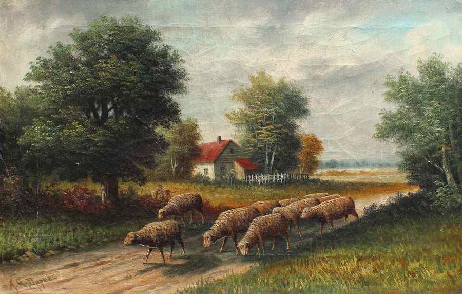 Appraisal: TH C LANDSCAPE PAINTING WITH SHEEP Oil Canvas signed A