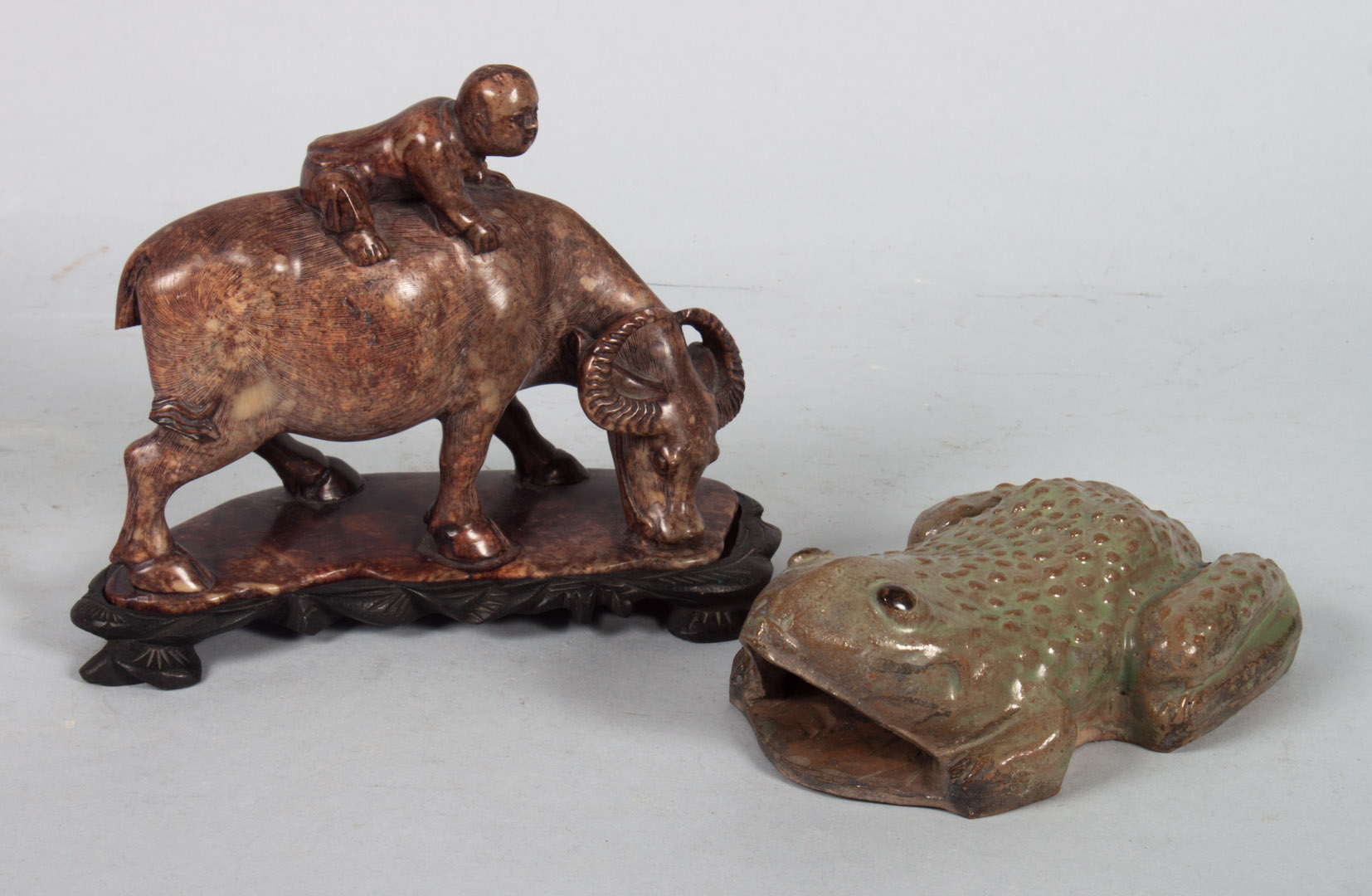 Appraisal: Two Chinese articles glazed terracotta frog-form wall pocket in L