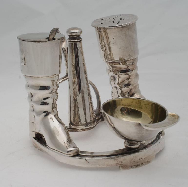 Appraisal: ELKINGTON CO SILVER-PLATED NOVELTY HORSE-RACING CONDIMENT SET c comprising a