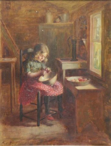 Appraisal: BOSTON Frederick J Oil on Canvas Young GirlPeeling Apples Frederick