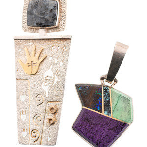 Appraisal: Zuni and Hopi Sterling Silver Inlaid Pendants with Gold Accents