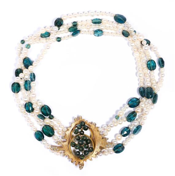 Appraisal: TOURMALINE PEARL GOLD AND DIAMOND NECKLACE P BINDER Yellow gold