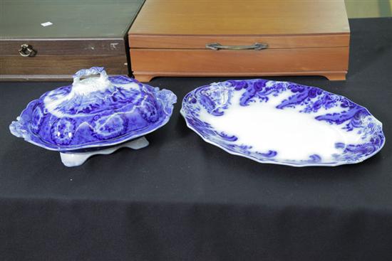 Appraisal: TWO PIECES OF FLOW BLUE PLATTER AND COVERED DISH One