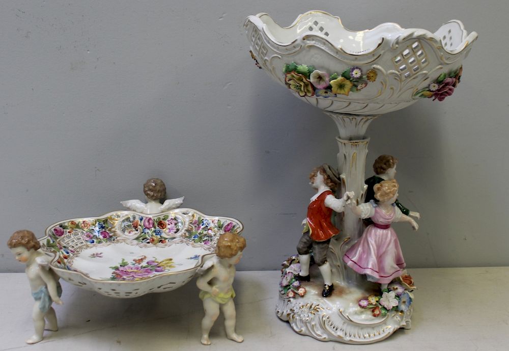 Appraisal: DRESDEN Signed Porcelain Tazza Together with a Putti Centerpiece From