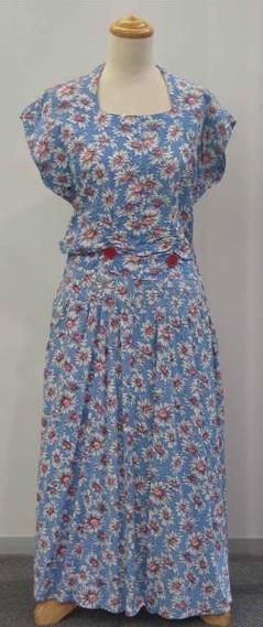 Appraisal: Day dress in floral printed blue pink and white seersucker