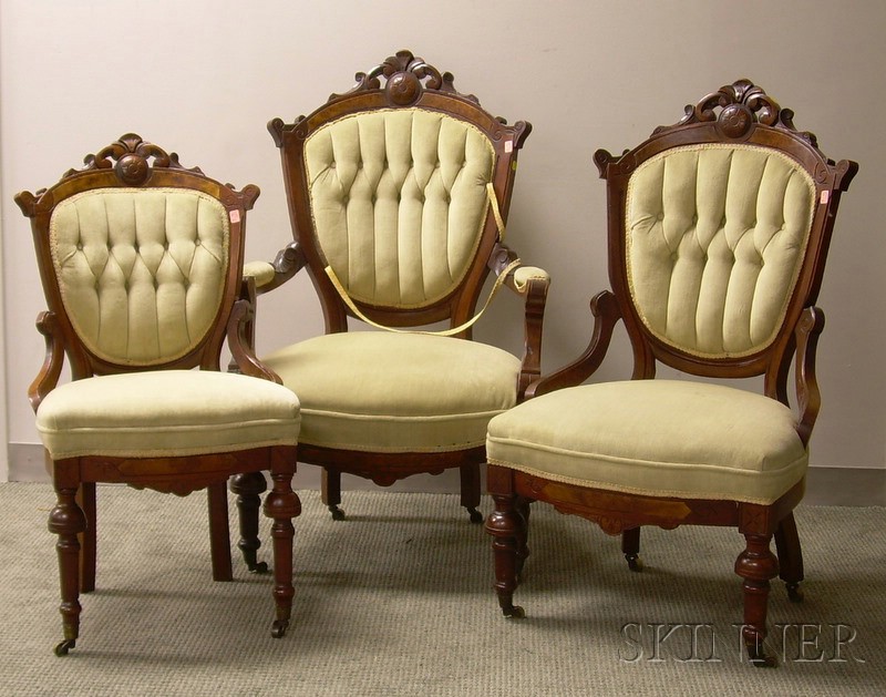 Appraisal: Set of Three Victorian Renaissance Revival Celadon Velvet Upholstered Carved