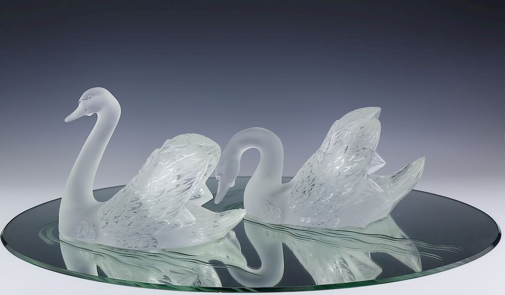 Appraisal: Lalique Crystal Art Glass PR Swans w Mirror SIGNED Beautiful