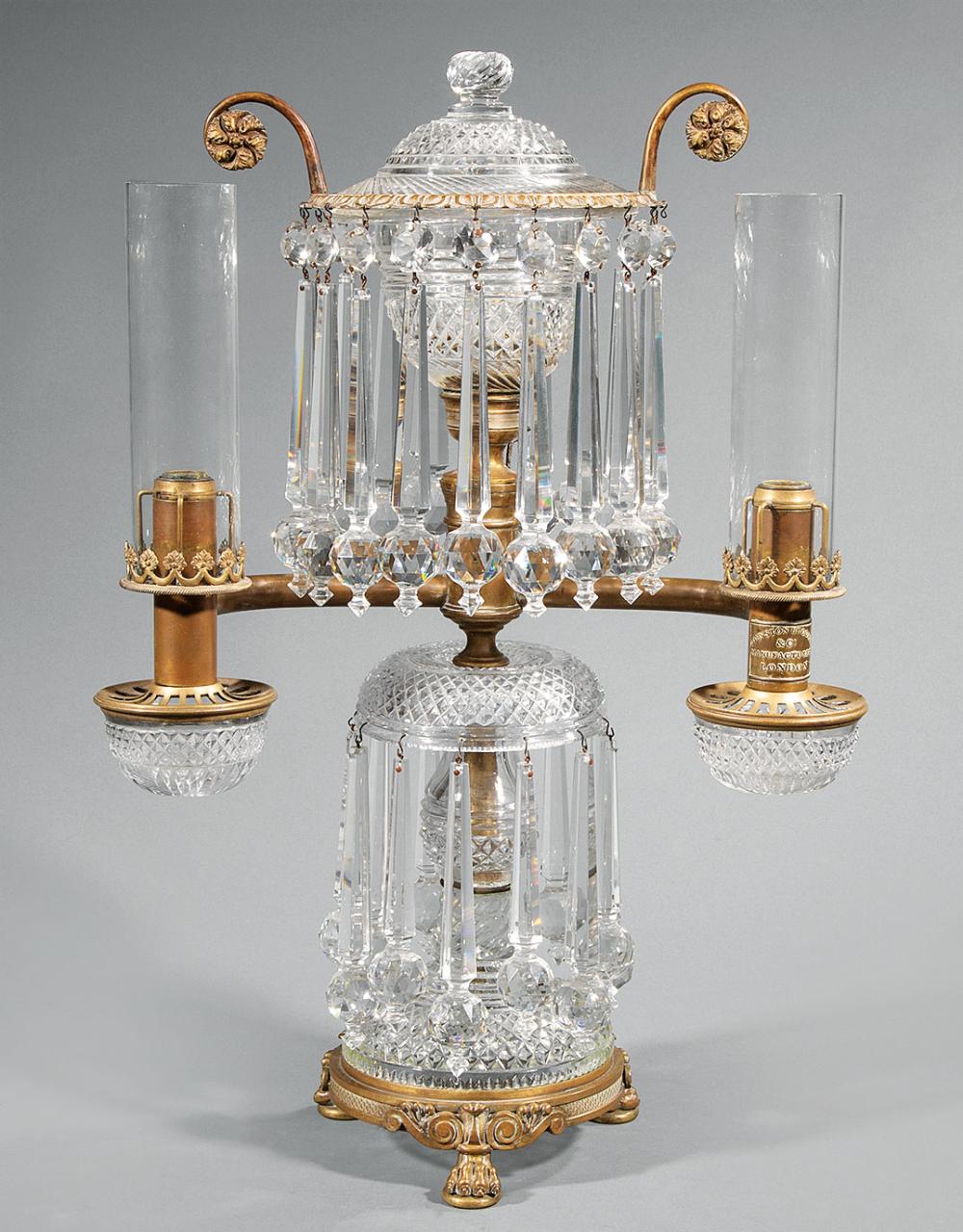 Appraisal: English Bronze and Cut Crystal Two-Light Argand Lamp th c