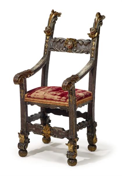 Appraisal: Venetian Baroque silvered and gilt armchair th century The crest