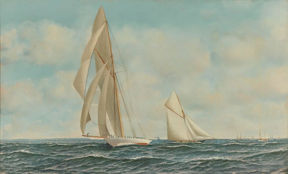 Appraisal: ANTONIO JACOBSEN American - America's Cup Race oil on canvas