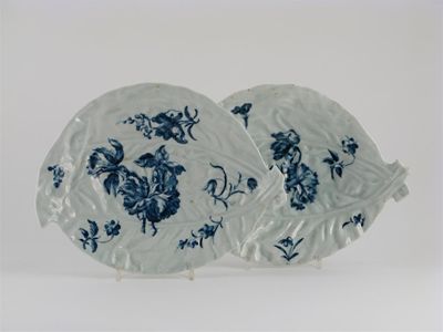 Appraisal: Two Worcester blue and white leaf dishes naturalistically painted with