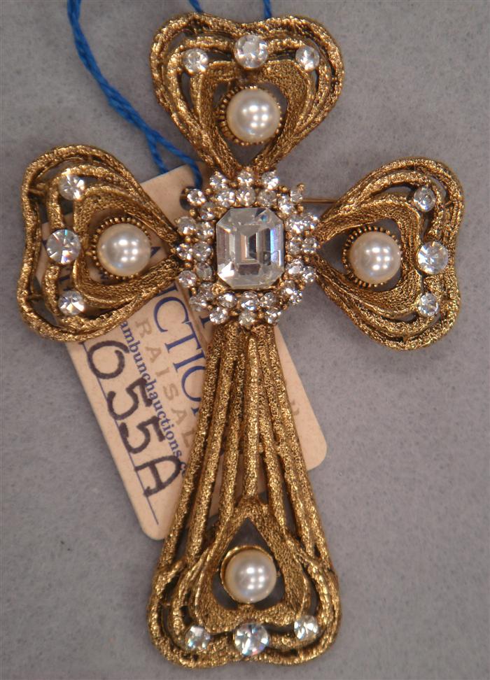 Appraisal: Large Maltese cross brooch with rhinestones and faux pearls Estimate