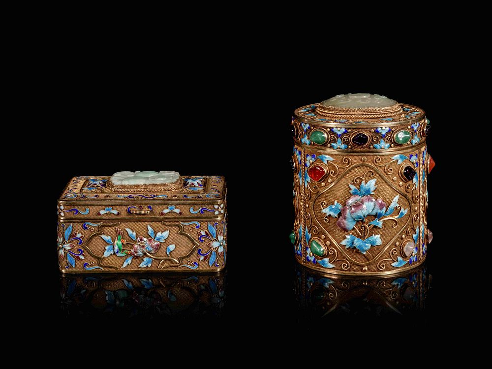 Appraisal: Two Jade and Hardstone Filigree and Enameled Jewelry Boxes Height