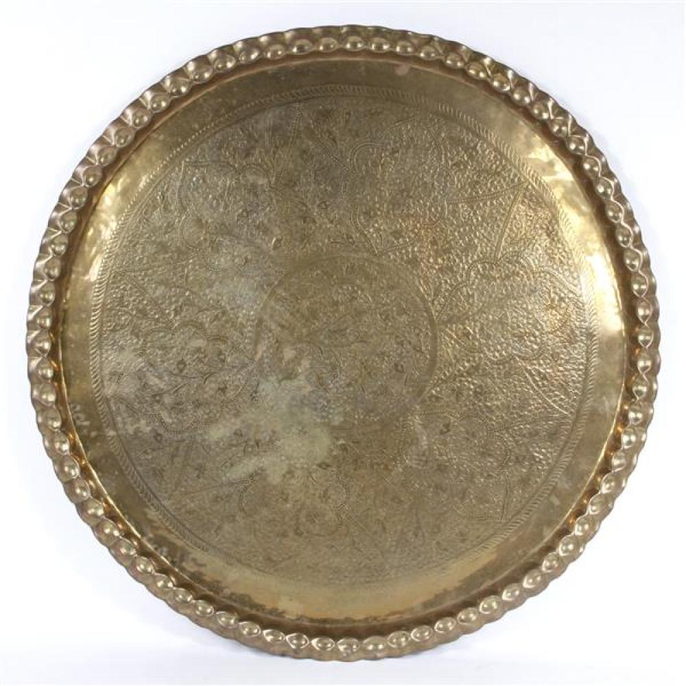 Appraisal: GIANT MOROCCAN BRASS TRAY TABLE TRAY WITH PIE CRUST RIM