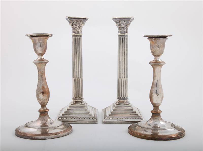 Appraisal: PAIR OF SHEFFIELD-PLATE TABLE CANDLESTICKS AND A LATER PAIR OF