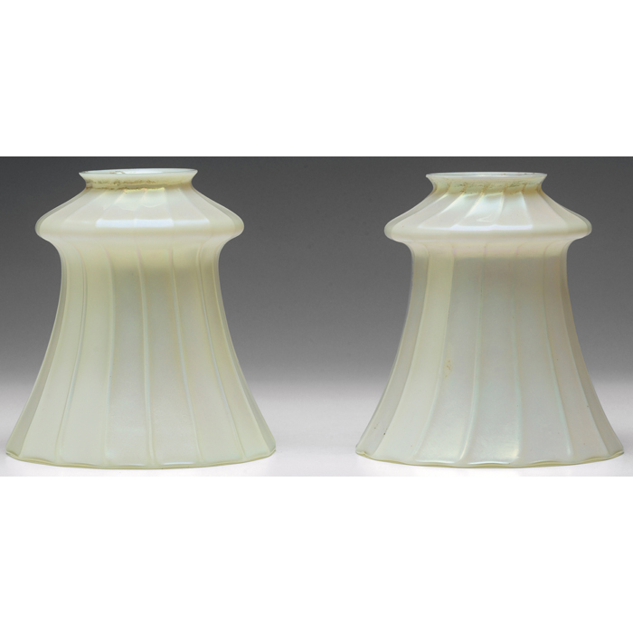 Appraisal: Quezal shades pair flaring and ribbed shape in opalescent glass