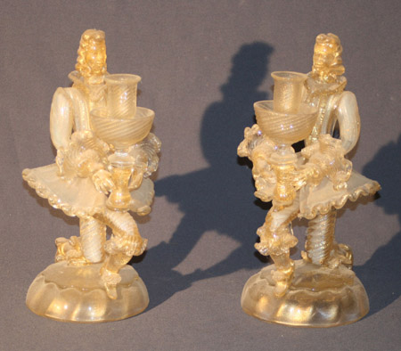 Appraisal: Pair of Venetian Gold Flecked Blown Glass Figural Candlesticks th