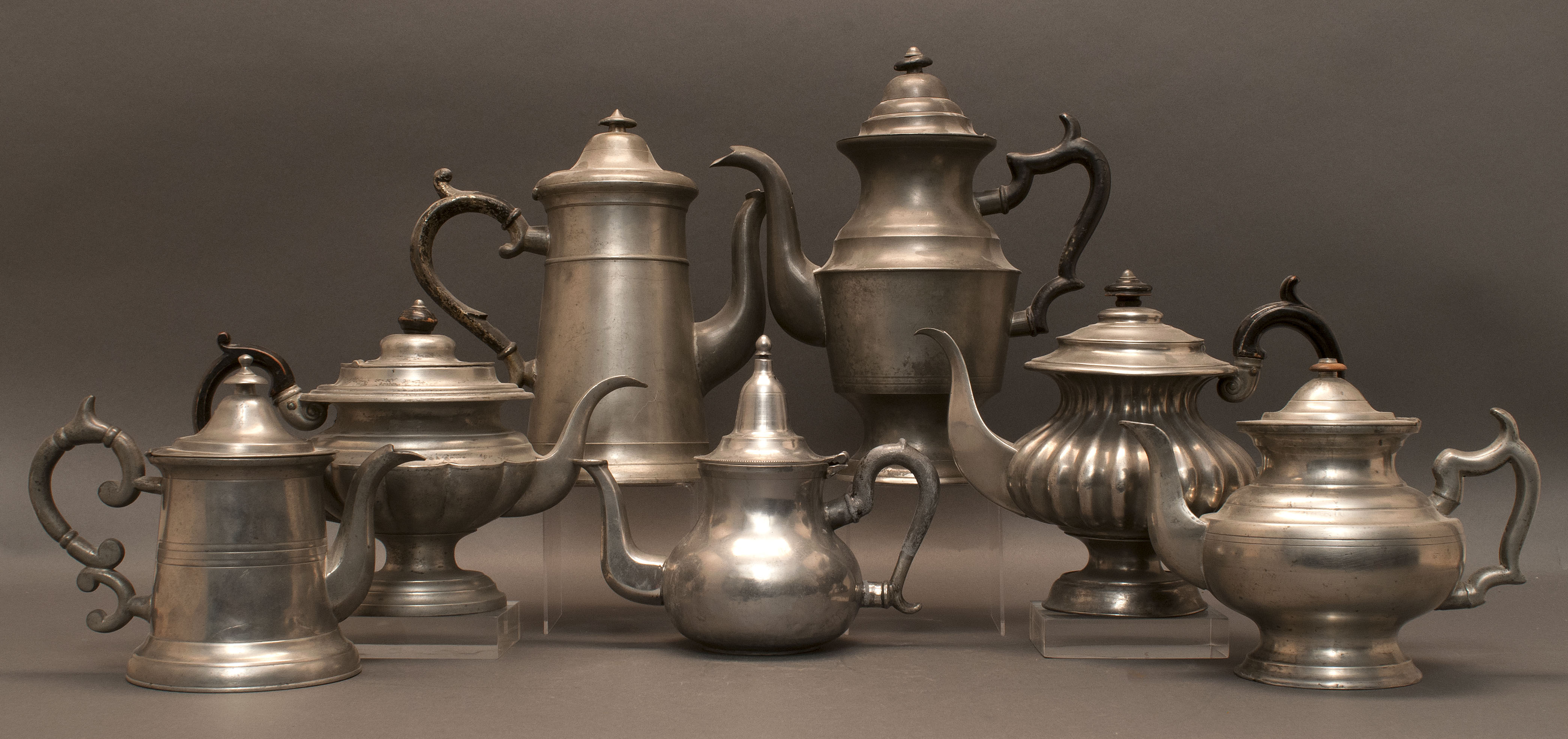 Appraisal: SIX AMERICAN PEWTER COFFEEPOTS Mid- th CenturyTogether with an English