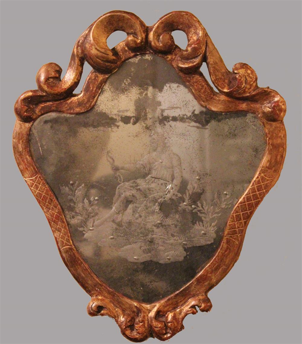 Appraisal: PAINTED AND GILT CARTOUCHE-SHAPED MIRROR WITH ETCHED SCENE mounted for