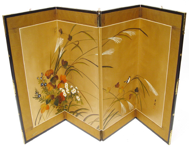 Appraisal: Mahogany framed three panel screen hand painted with flowers Birmingham